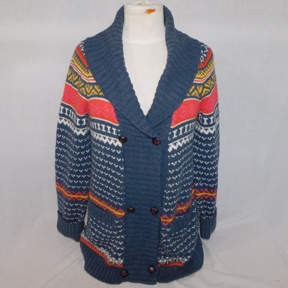 Bluenotes Shawl Collar Cardigan Sweater Gray orange Yellow White Double Button L